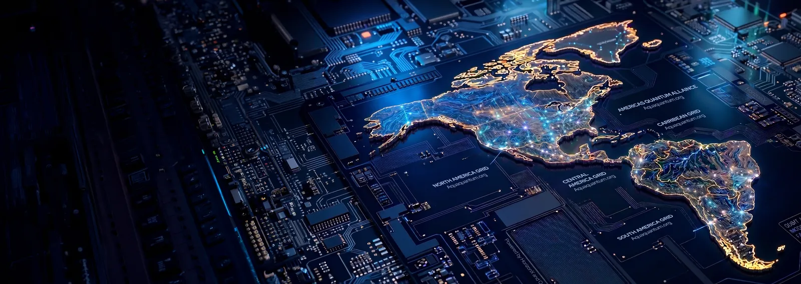 The Americas rendered as an illuminated quantum grid